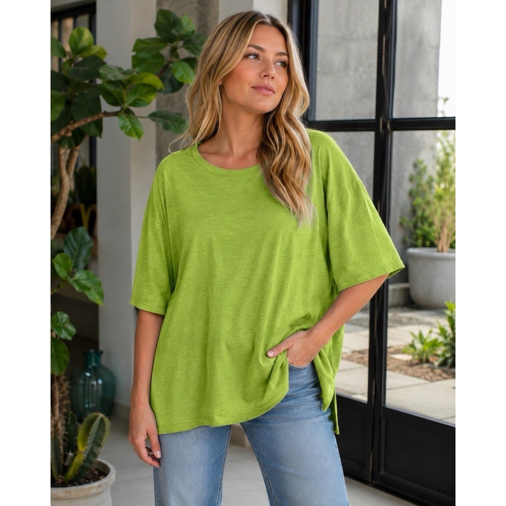 NWT $118 Eileen Fisher Chartreuse Organic Linen Jersey Crew Neck Tee XL